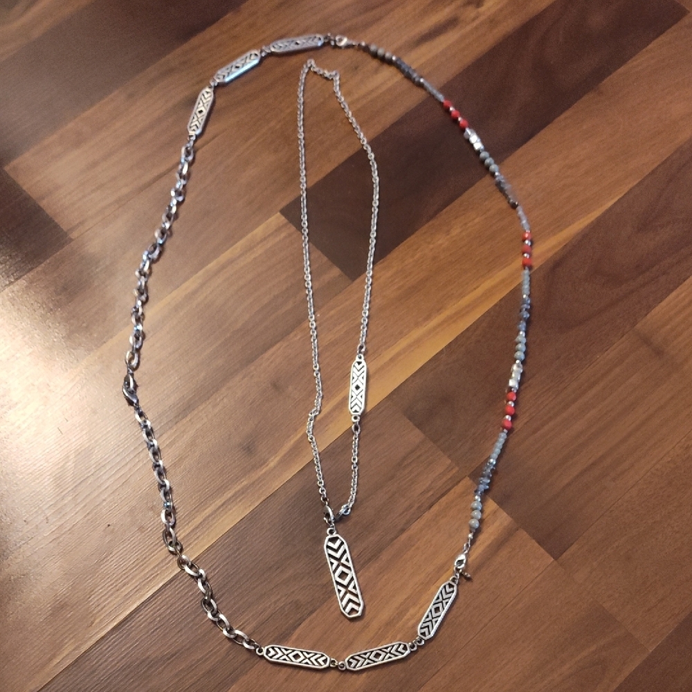 Silver and Red Beaded Necklace Set